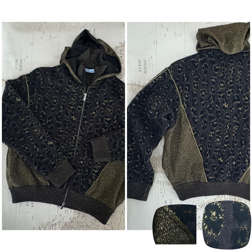 Blumarine Cashmere & Wool Full Zip Hooded Cardigan Textured Leopard Print M